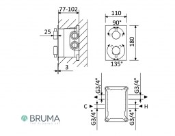 MEDIDAS TERMOSTATICA DUCHA EMPOTRADO 2 VIAS ELO BRUMA